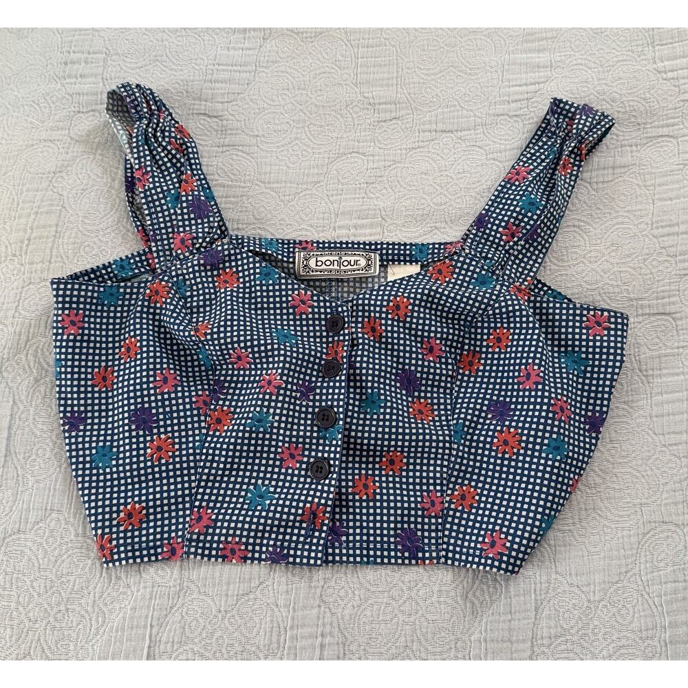 Vintage Y2K 90s Flower Daisy Gingham Crop‎ Top Coquette Babydoll Bonjour Sz M